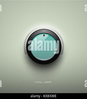 Technology music green glassy button icon, volume settings, sound control knob with black plastic ring, scale, shadow and light. Isolated background Stock Vector