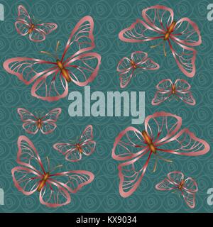 Green background with pink butterflies Stock Vector