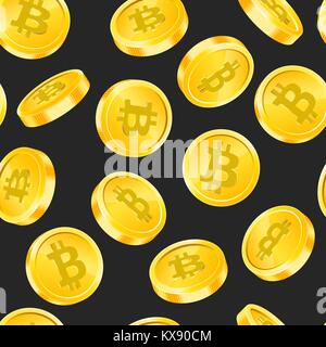 Vector seamless pattern with Bitcoin gold coins in different angles on black background. Digital currency money concept. Symbol of crypto currency, blockchain technology Stock Vector