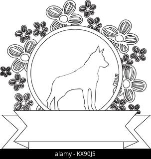 line dog animal inside circle rustic flowers design Stock Vector