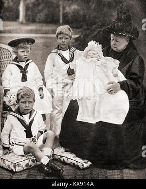 Queen Victoria and her great grand-children, from left to right, Prince Albert (future George VI), Princess Mary (Princess Royal), Prince Edward (future Edward VIII) and Prince Henry (future Duke of Gloucester), seen here in 1900.  Victoria, 1819 – 1901.  Queen of the United Kingdom of Great Britain and Ireland. Stock Photo