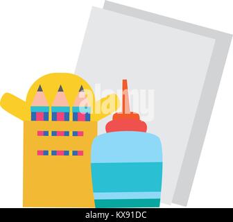 colorful glue with colored pencils and cardboards object Stock Vector