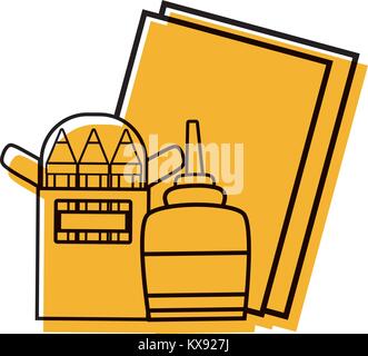 color glue with colored pencils and cardboards object Stock Vector