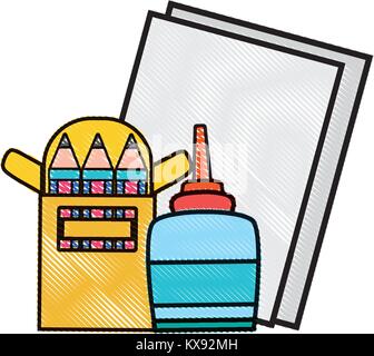 grated glue with colored pencils and cardboards object Stock Vector