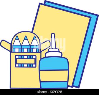 line color glue with colored pencils and cardboards object Stock Vector