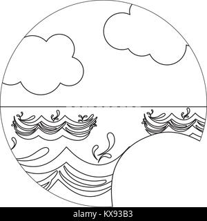 line landscape label sky ocean and wave with splashes Stock Vector