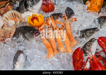 Close up of a seafood display at an outdoor restaurant along the Grand Canal in Veneto, Venice, Italy, Europe. Stock Photo