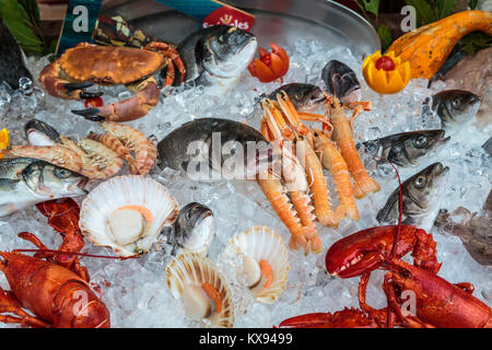 Close up of a seafood display at an outdoor restaurant along the Grand Canal in Veneto, Venice, Italy, Europe. Stock Photo