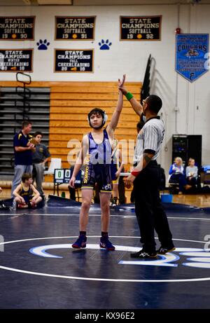 Youth collegiate style wrestling match Stock Photo