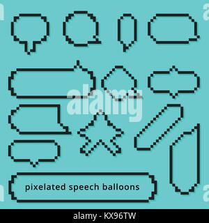 set Pixel art style gameing speech bubble seamless vector pattern blue Stock Vector