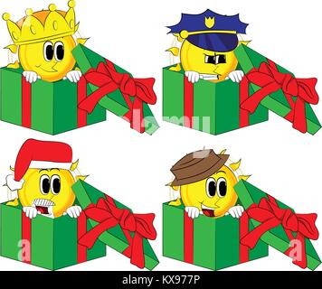 Cartoon sun in a gift box. Collection with costume. Expressions vector set. Stock Vector