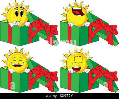 Cartoon sun in a gift box. Collection with happy faces. Expressions vector set. Stock Vector