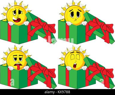 Cartoon sun in a gift box. Collection with sad faces. Expressions vector set. Stock Vector