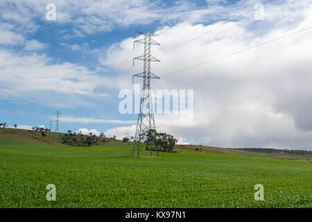 Electrical power lines and towers crossing rural South Australia, near Mannum, in the Murraylands Stock Photo