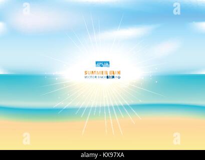 Sunny sparkling background with sandy beach and ocean, vector illustration. Stock Vector