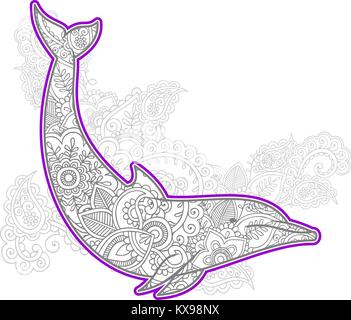 hand drawn dolphin doodle animal paisley adult stress release coloring page zentangle stylized vector Stock Vector