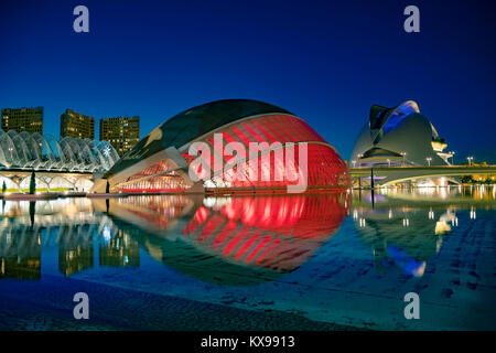 Modern architecture buildings of the City of Arts and Sciences. Designed by Santiago Calatrava at night. Valencia, Spain - January 2018 Stock Photo