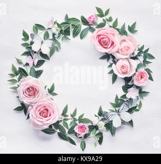 Flat lay pink rose flowers round frame Stock Photo