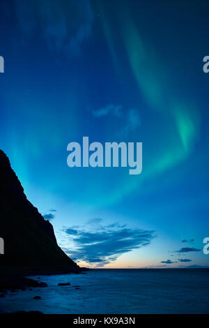 Aurora Borealis, Northern Lights Sandnes, Flakstayoa, Lofoten, Nordland, Norway Stock Photo