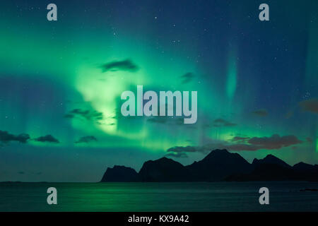 Aurora Borealis, Northern Lights over Vestagoy, Lofoten, Nordland, Norway.  Viewed from Sandnes, Flakstadoya. Stock Photo