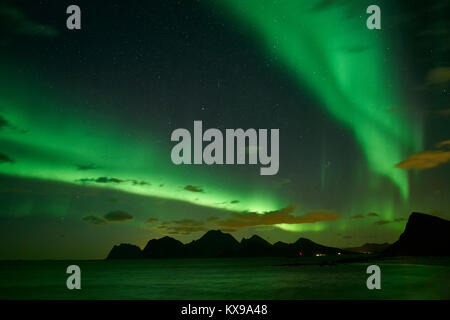 Aurora Borealis, Northern Lights over Vestagoy, Lofoten, Nordland, Norway.  Viewed from Sandnes, Flakstadoya. Stock Photo