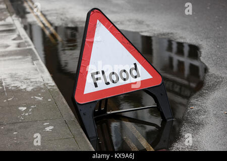 A Flood Warning triangle pictured sitting in a small flood in ...