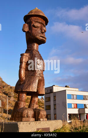 Sculpture, The Tourist, at Stamsund, Vestvagoy, Lofoten, Nordland, Norway.  The sculpture is made by Baktruppen and Trond Solberg Stock Photo