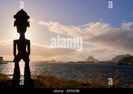 Sculpture, The Tourist, at Stamsund, Vestvagoy, Lofoten, Nordland, Norway.  The sculpture is made by Baktruppen and Trond Solberg Stock Photo