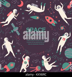 Space adventure.Cosmic objects, symbols and design elements, spaceships, planets, stars, rocket, satellite Stock Vector