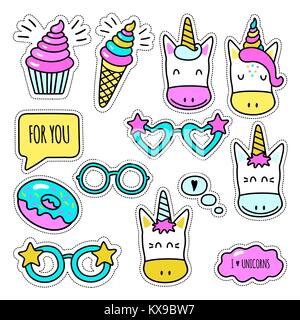 Set of colored unicorn stickers isolated on white background Stock Vector