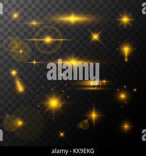 Lens Flare, glow light effect. sun or realistic shining star with a highlight effect. bokeh glitter and sequins or sparkles on transparent background. Stock Vector