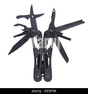 Black multi tool photographed on a white background. The multitool is with all of its instruments: scissors, a saw blade, a screwdriver attachment, an Stock Photo