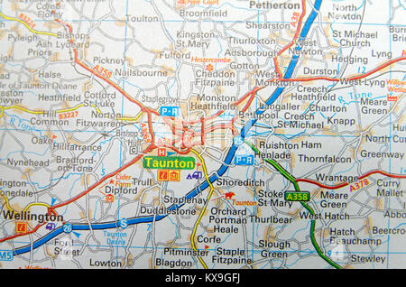 Road Map of Taunton, Somerset, England. Stock Photo