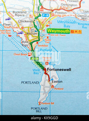 Road Map of Weymouth and Portland, England. Stock Photo