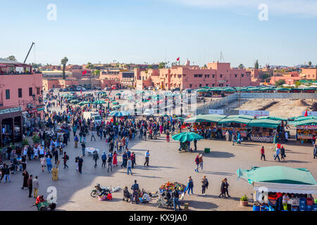 MARRAKECH, MOROCCO - DECEMBER 11: Crowded Jemaa el-Fnaa square from above, Marrakech. December 2016 Stock Photo