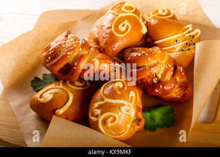 Pastry pie with meat, potato and cabbage Stock Photo