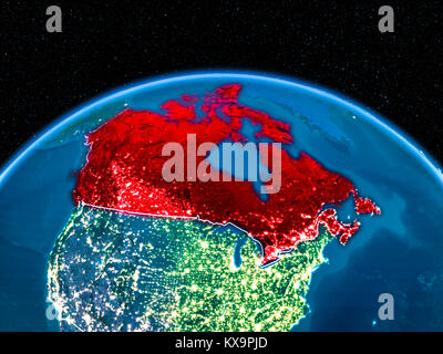 Satellite night view of Canada highlighted in red on planet Earth with