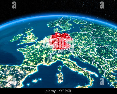 Orbit view of Germany highlighted in red with visible borderlines and city lights on planet Earth at night. 3D illustration. Elements of this image fu Stock Photo