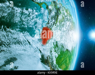 Ecuador from orbit of planet Earth with clouds during sunrise with highly detailed surface textures. 3D illustration. Elements of this image furnished Stock Photo