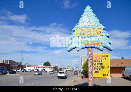 vintage americana hotel sign shaped like pine tree on route 66 gallup new mexico USA Stock Photo