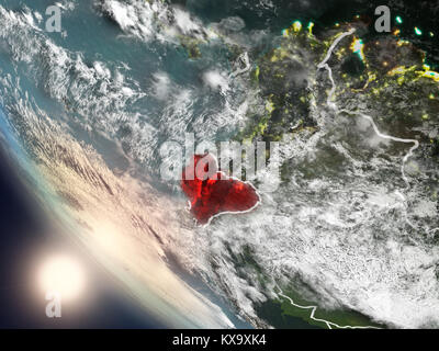 Illustration of Ecuador as seen from Earth’s orbit during sunset with visible country borders. 3D illustration. Elements of this image furnished by NA Stock Photo