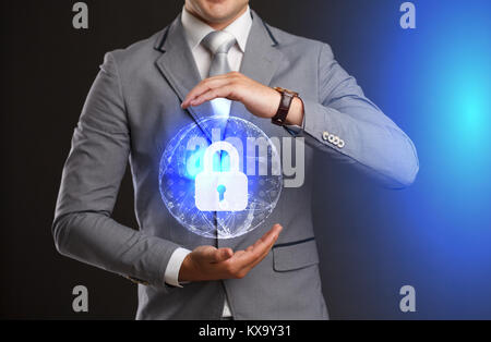 Cyber Security Data Protection Business Technology Privacy concept.Businessman pressing  button on virtual screens Stock Photo