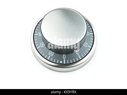 Chrome kitchen egg timer / cooking timer on a white background with copy space Stock Photo