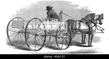 An automatic reins holder on the wagon of the horse team, forcing the horses to stop when the coachman descends, America around 1870, digital improved reproduction from an original woodcut or illustration from the year 1880 Stock Photo