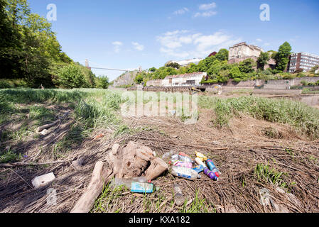 Re. ‘City To Sea’, a campaign to rid Bristol of plastic bottle waste - waste bottles on the banks of the Avon in Clifton Gorge UK Stock Photo