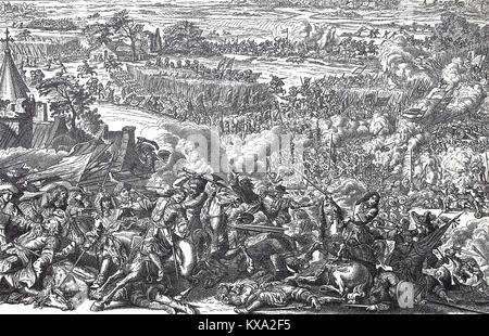 Battle of Seneffe in 1674 between French troops on one side and imperial units and imperial troops on the other side during the Dutch war, left the wounded Field Marshal Count Waldeck, although already a French prisoner, freed again and on the right it shows the death of Count Rochefort, digital improved reproduction from an original woodcut or illustration from the year 1880 Stock Photo