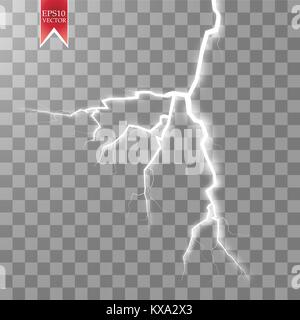 Vector electric lightning bolt. Energy effect. Bright light flare and sparks on transparent background. Stock Vector