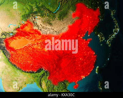 China in early morning light highlighted in red on planet Earth. 3D illustration. Elements of this image furnished by NASA. Stock Photo