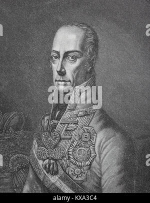 Franz Joseph Karl, February 12, 1768 - March 2, 1835, from the House of Habsburg-Lorraine was from 1792 to 1806 as Franz II the last emperor of the Holy Roman Empire of the German Nation, in 1804 he founded the empire of Austria, which he reigned as Francis I until his death, digital improved reproduction from an original woodcut or illustration from the year 1880 Stock Photo