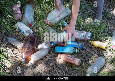 A member of ‘City To Sea’, a campaign to rid Bristol of plastic bottle waste collecting waste bottles on the banks of the Avon Stock Photo